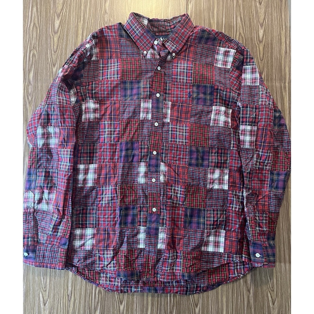 Polo Ralph Lauren Patchwork Regent Button Up Shirt Men's XXL Red Flannel Plaid